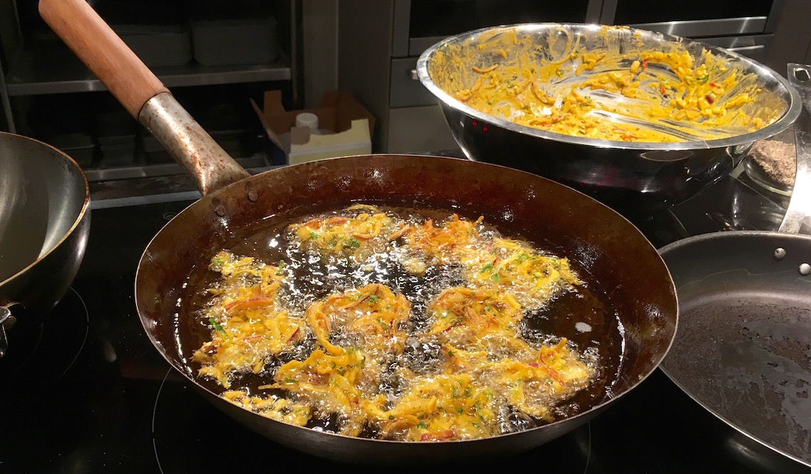 Onion bhajis twice-fried