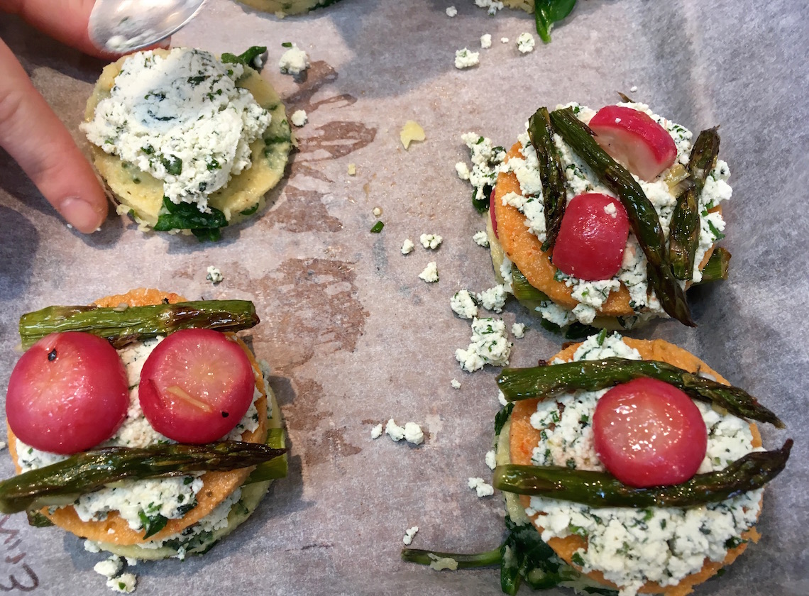 Constructing the polenta stacks on the vegetarian cookery course