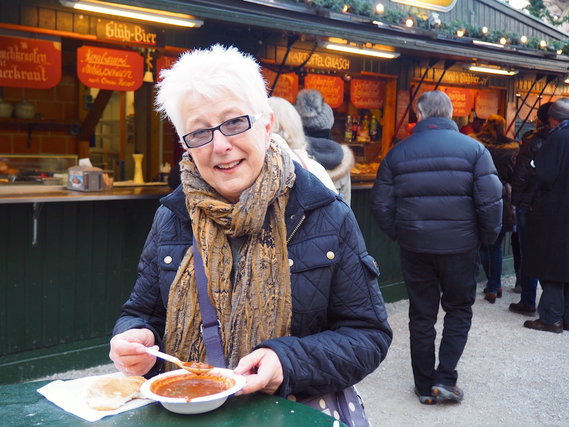 Mum sampling the gulaschsuppe