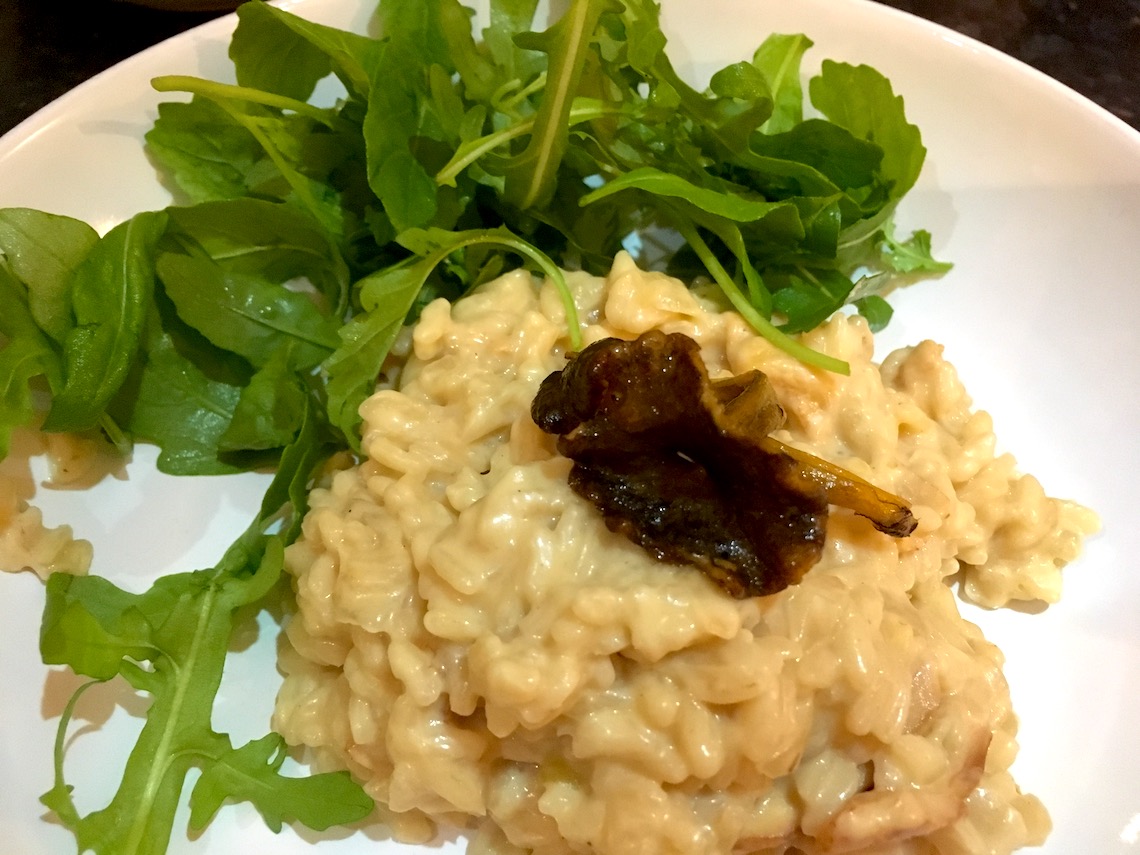 Mr Skylark's hedgehog mushroom risotto, topped with yellow legged chanterelles