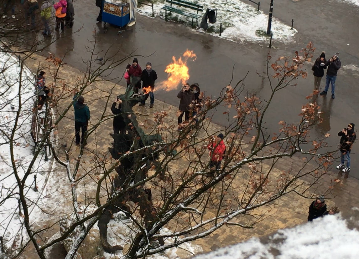 Fire-breathing dragon on a winter weekend in Krakow
