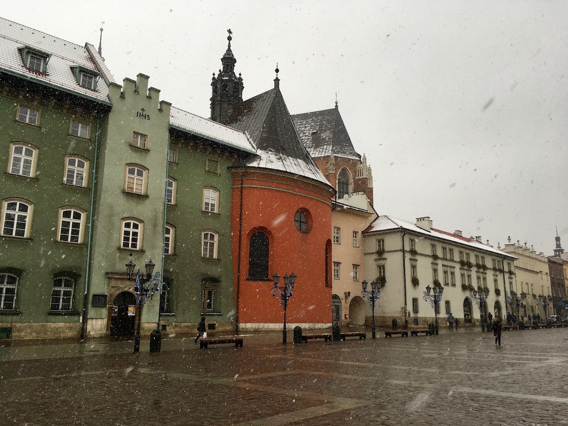 Snowy streets on a winter weekend in Krakow