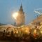 Covered cafes in the market square on a winter weekend in Krakow